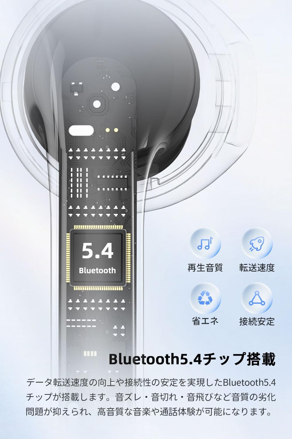 Close-up of a Nakamichi TW016 earbud showing the internal components and a graphic indicating Bluetooth 5.4 technology.