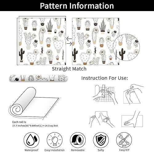 Miniatura 4 de Papel tapiz de cactus blanco y negro, 17.71 x 118.1 pulgadas, autoadhesivo, extraíble, papel de contacto floral beige, papel de contacto,