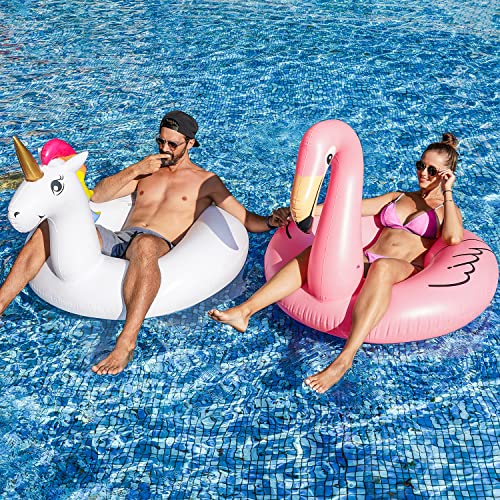 2Pack Flamingo Unicorn Pool Floats - Parentswell 43" Inflatable Swimming Ring Pool Float, Lake, Beach, Pool Floaties For Adults #TOP2