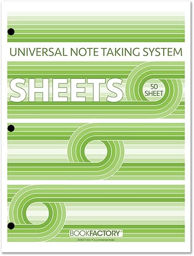 BookFactory Sistema universal de toma de notas (notas Cornell)  hojas para carpetas de 3 anillos  50 hojas sueltas, 8 12 x 11 pulgadas  Hojas