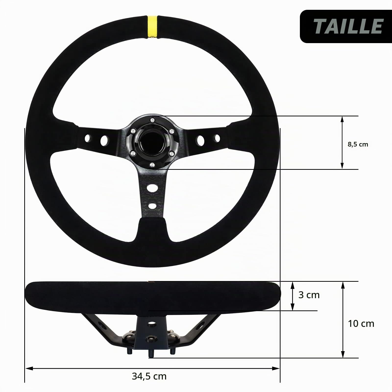 Volant de course, universel, volant de jeu, 13,6", 6 vis, poignée en daim Deep Dish avec bouton corne pour course/rallye/moteur/voiture sim guidage (noir)