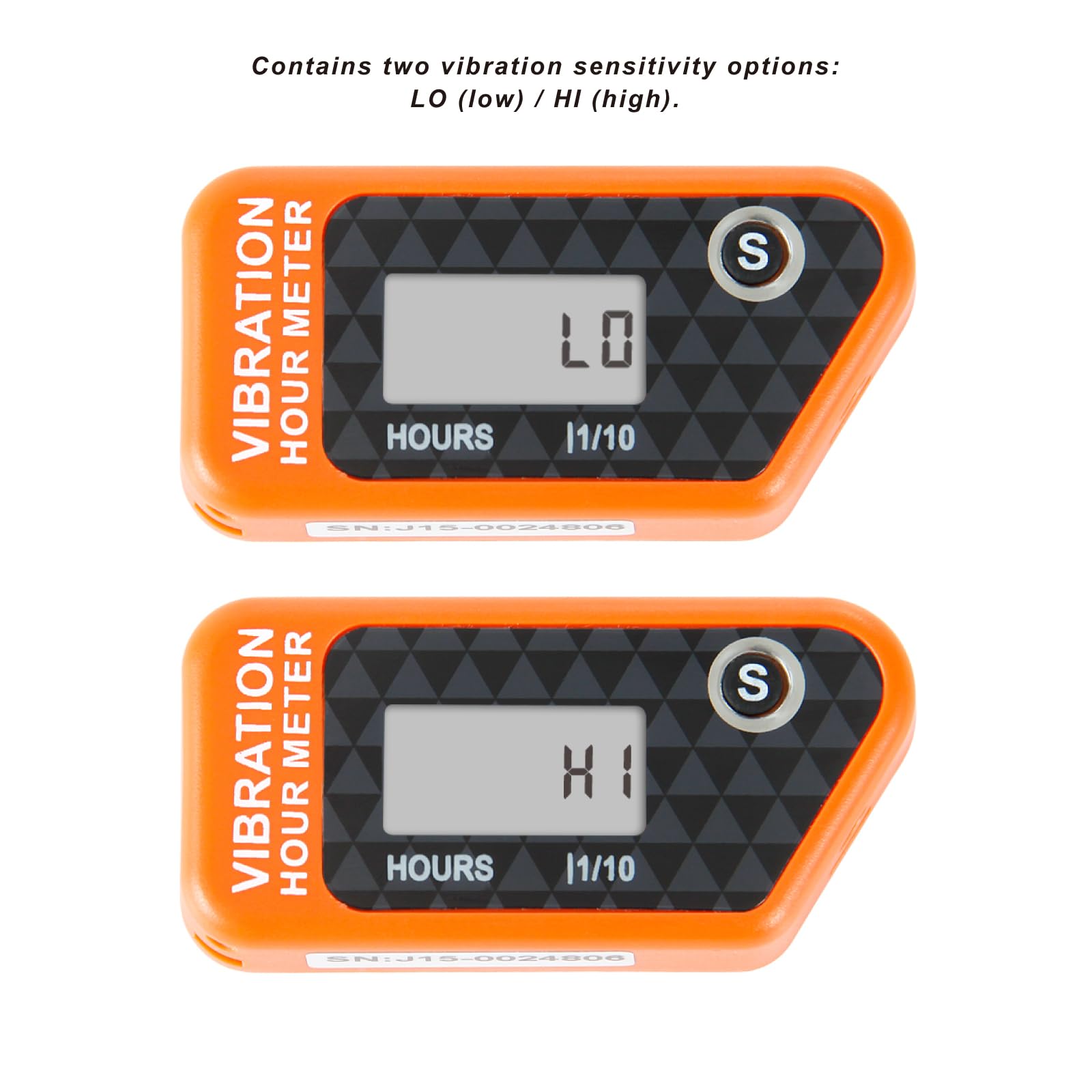 Jayron LCD Contaore a vibrazione impermeabile IP68 per tosaerba, Arancione | Autoalimentato, senza cablaggio, ore totali non azzerabili, timer TMR azzerabile, 3 sensibilità, blocco per trasporto