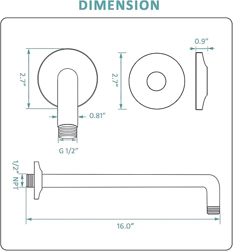 Miniatura 7 de BESTILL Brazo de extensión de cabezal de ducha en forma de L de 16 pulgadas, brazo de ducha y brida incluidos, oro cepillado