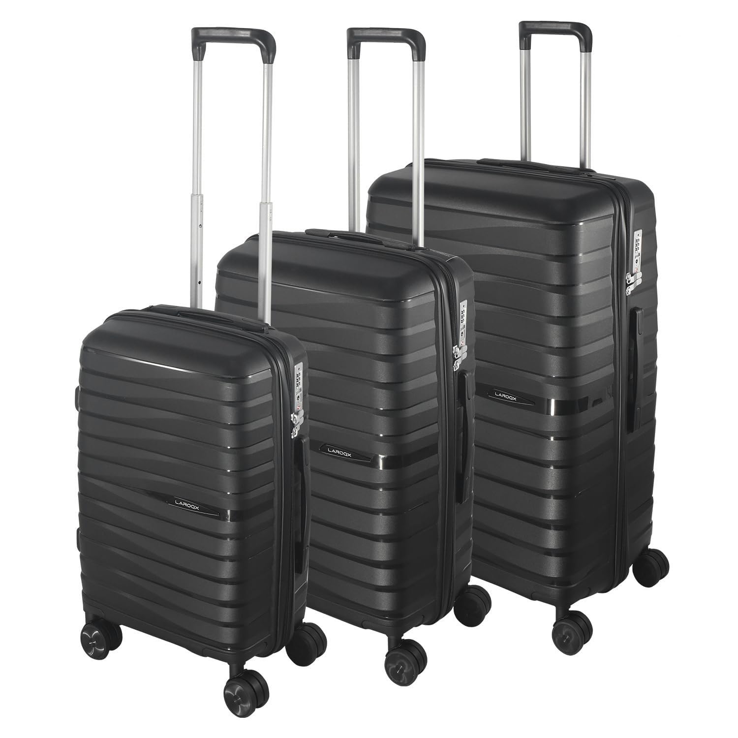 3-częściowy zestaw walizek z twardego polipropylenu, 55/66/74 cm (43 l / 65 l/110 l), wysoka wytrzymałość, zamek szyfrowy TSA, podwójne kółka 360°, uchwyt teleskopowy, czarny, 55/66/74 CM Set