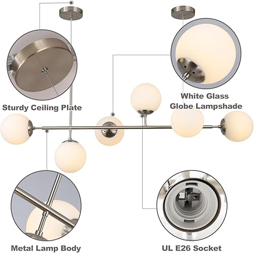 Miniatura 3 de KCO Lámpara colgante de techo moderna, globos de vidrio de mediados de siglo, lámpara colgante Sputnik, 6 luces LED para colgar en la cocina, isla