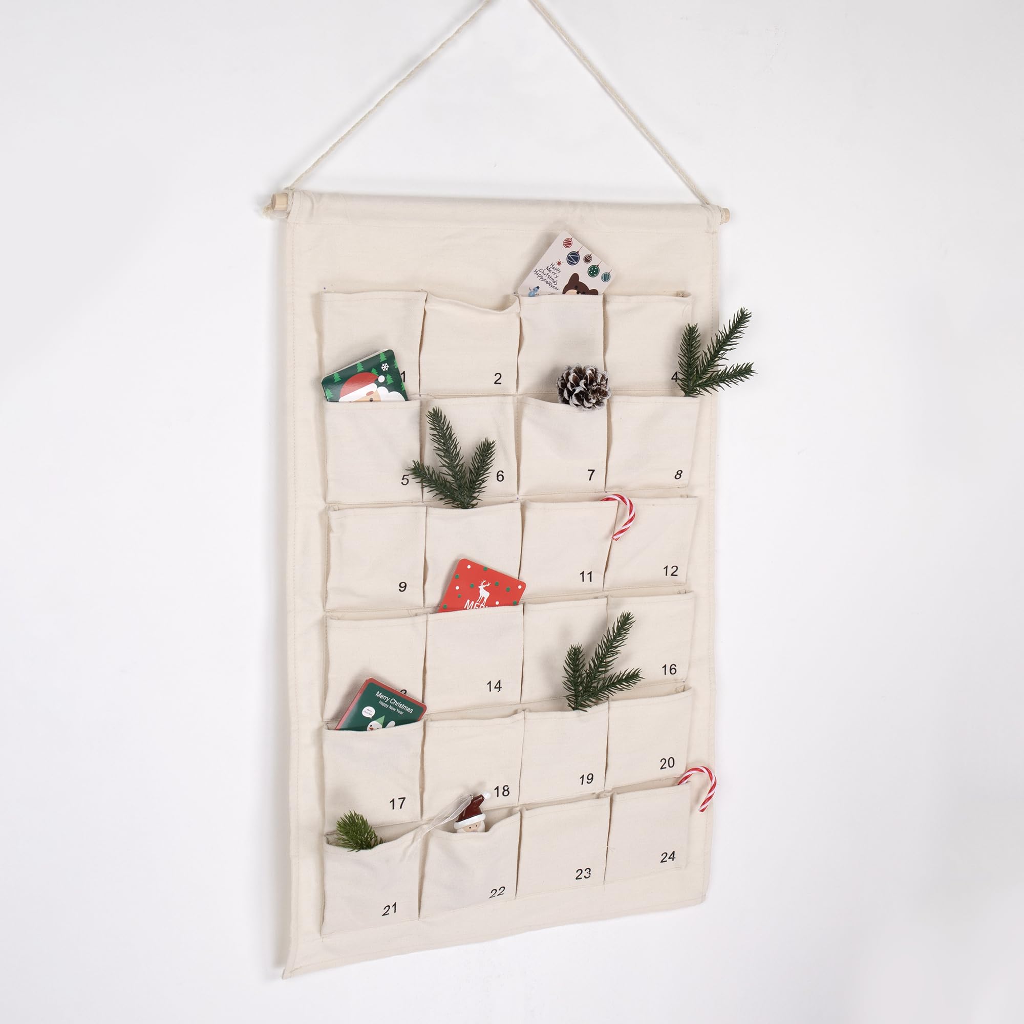 Calendario de Adviento de tela con 24 bolsillos numerados, 67 x 42 cm, calendario de pared colgante blanco para rellenar los adornos de Navidad