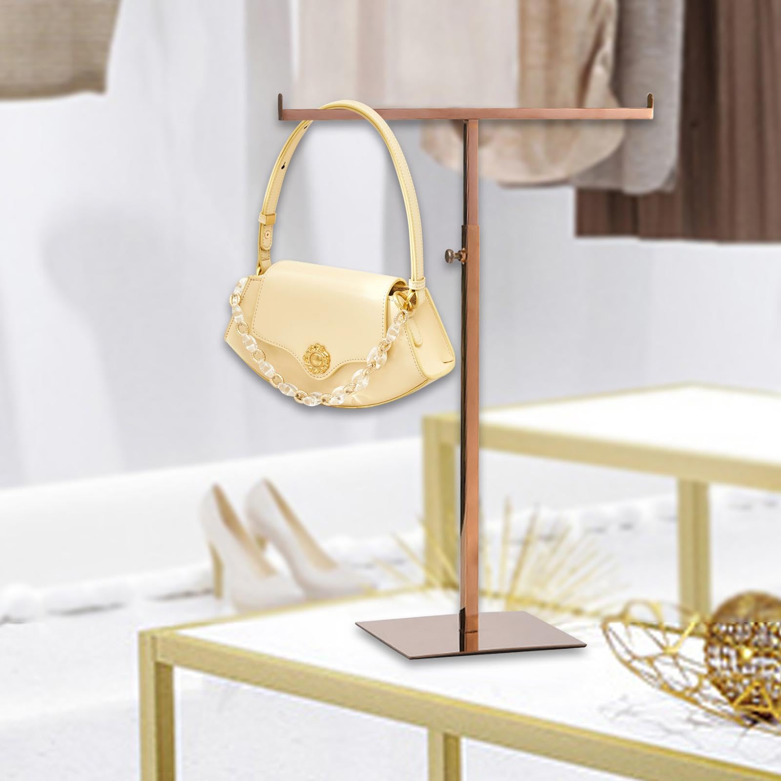 Exhibidor para Bolsos Soporte de Exhibición para Bolsos Gancho Doble Regulable Organizador de Collares Acero Resistente Adecuado para Boutique Hogar, Espejo Oro Rosa, Individual