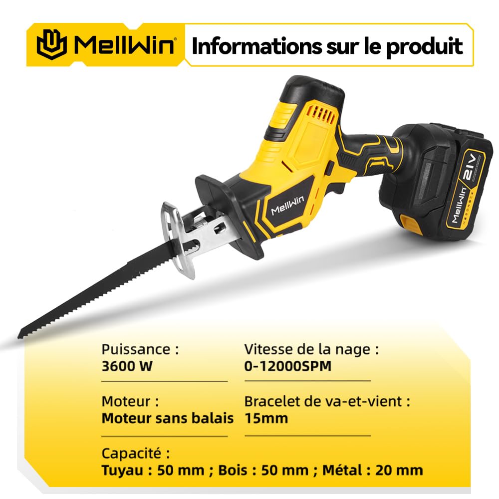 Sierra de vaivén con motor sin escobillas, 0-12000 SPM, sierra universal con carrera de 15 mm, cambio de hoja sin herramientas, capacidad de corte: madera 50 mm, metal 20 mm – 2 baterías