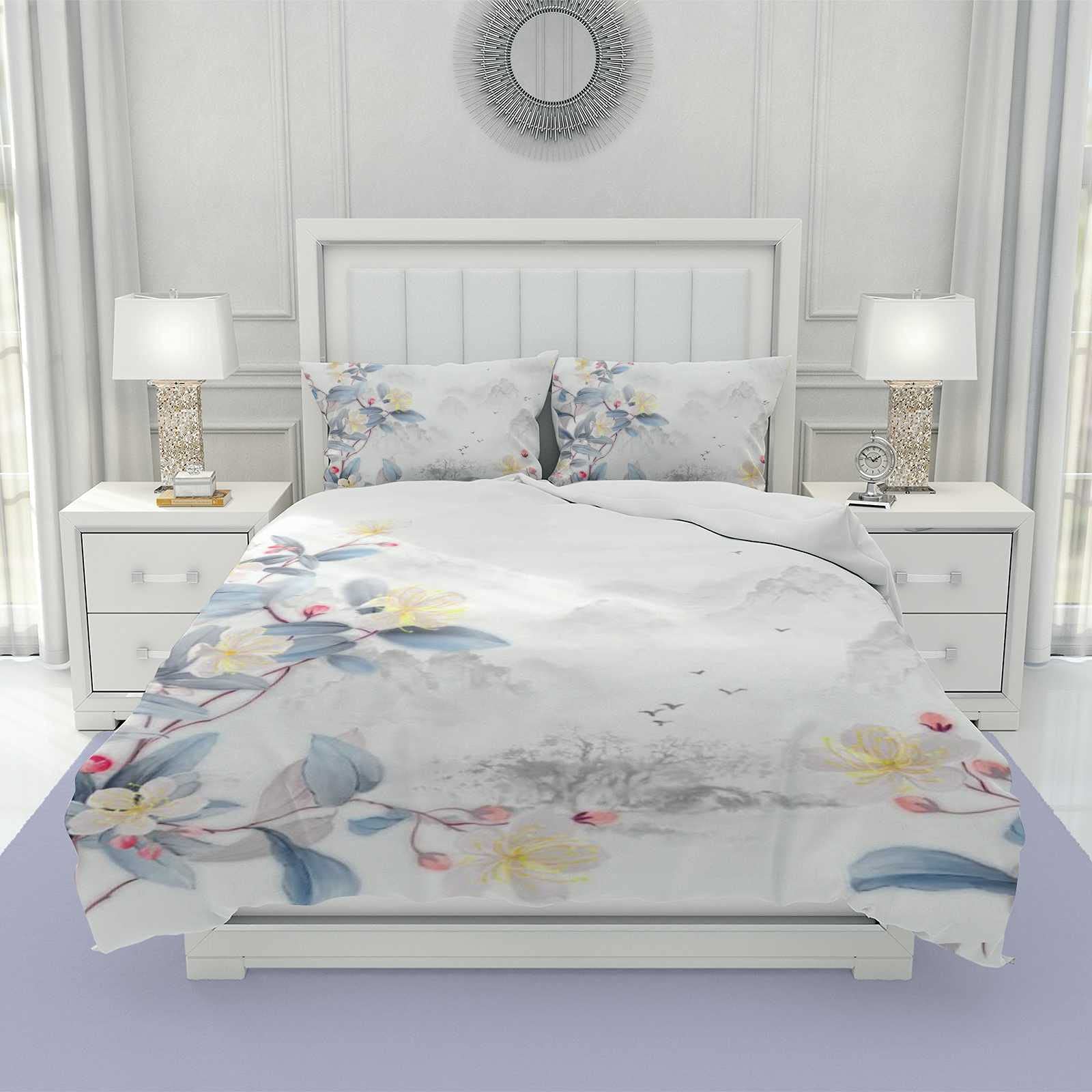 Housse de couette fleurs d'aquarelle blanc parure de lit polyester ultra doux CHEHONG