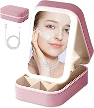LED Makeup Box with Adjustable Light-Up Mirror, 3 Color Light Settings, Dust-Proof Cosmetic Case, Jewelry Organizer and Multi-Compartment Storage Box for Women (Pink)