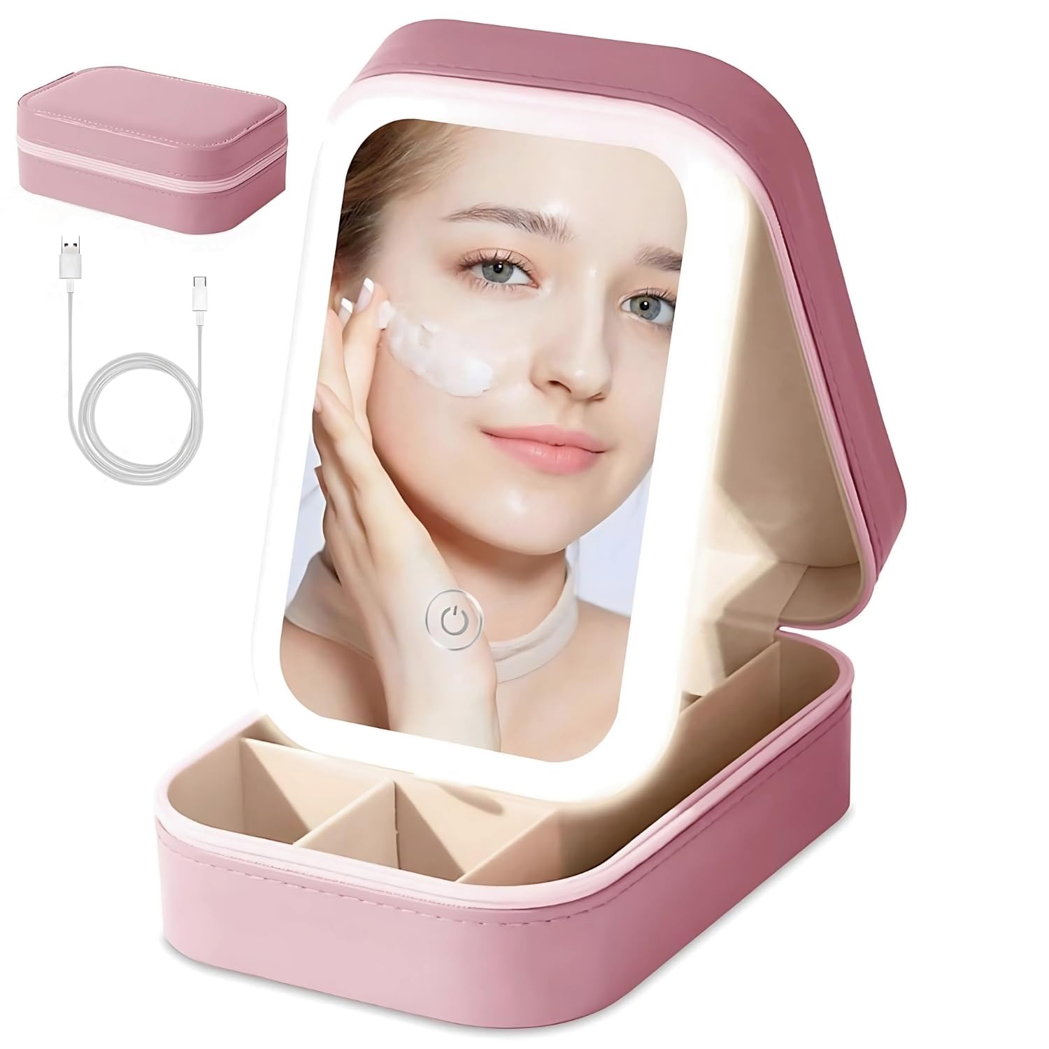 V-VRAT LED Makeup Box with Adjustable Light-Up Mirror, 3 Color Light Settings, Dust-Proof Cosmetic Case, Jewelry Organizer and Multi-Compartment Storage Box for Women (Pink)-image-44