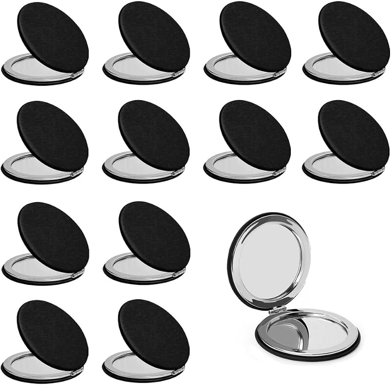 Espelho compacto redondo MLLXX com capa de couro PU, dupla face 1X/2X, preto, pacote com 12