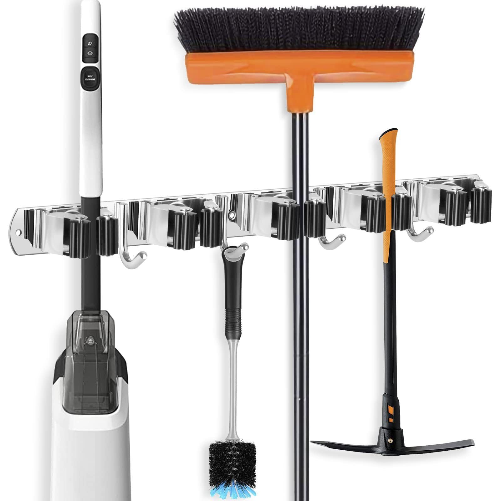 Mop and Broom Holder, 5 Slots 4 Hooks Wall Mount Stainless Steel Broom Hanger Garage Wall Organizer for Home Kitchen Garden Laundry