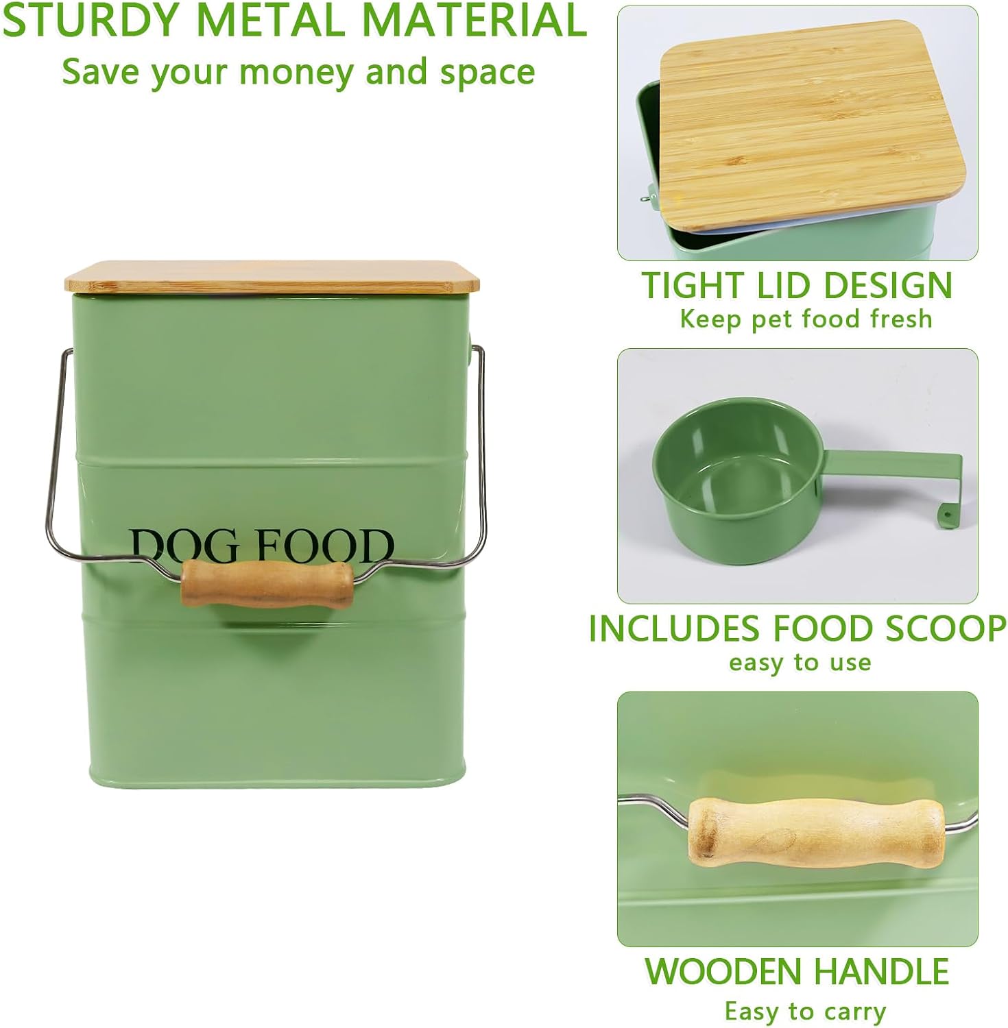 Morezi Dog Treat and Food Storage tin with Wooden lid and Scoop Included - White Powder - Carbon Steel - Dog Food bin - pet Food Container Storage Canister Green