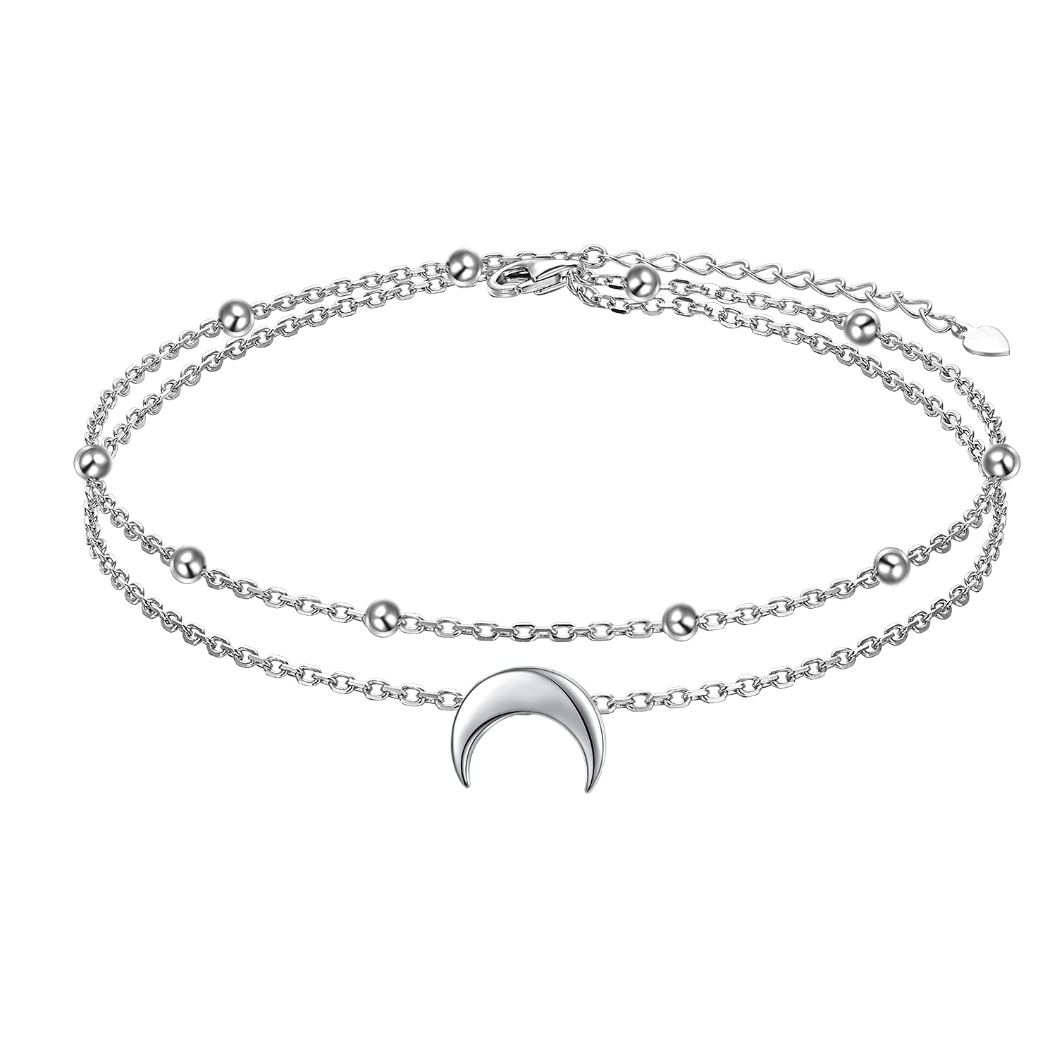 Flyow Moon Layered Fußkettchen 925 Sterling Silber für Damen Mädchen Einstellbare Perlen Halbmond Knöchel Armband Boho Strand Fuß Kette 9+1,5 Zoll Charme Schmuck