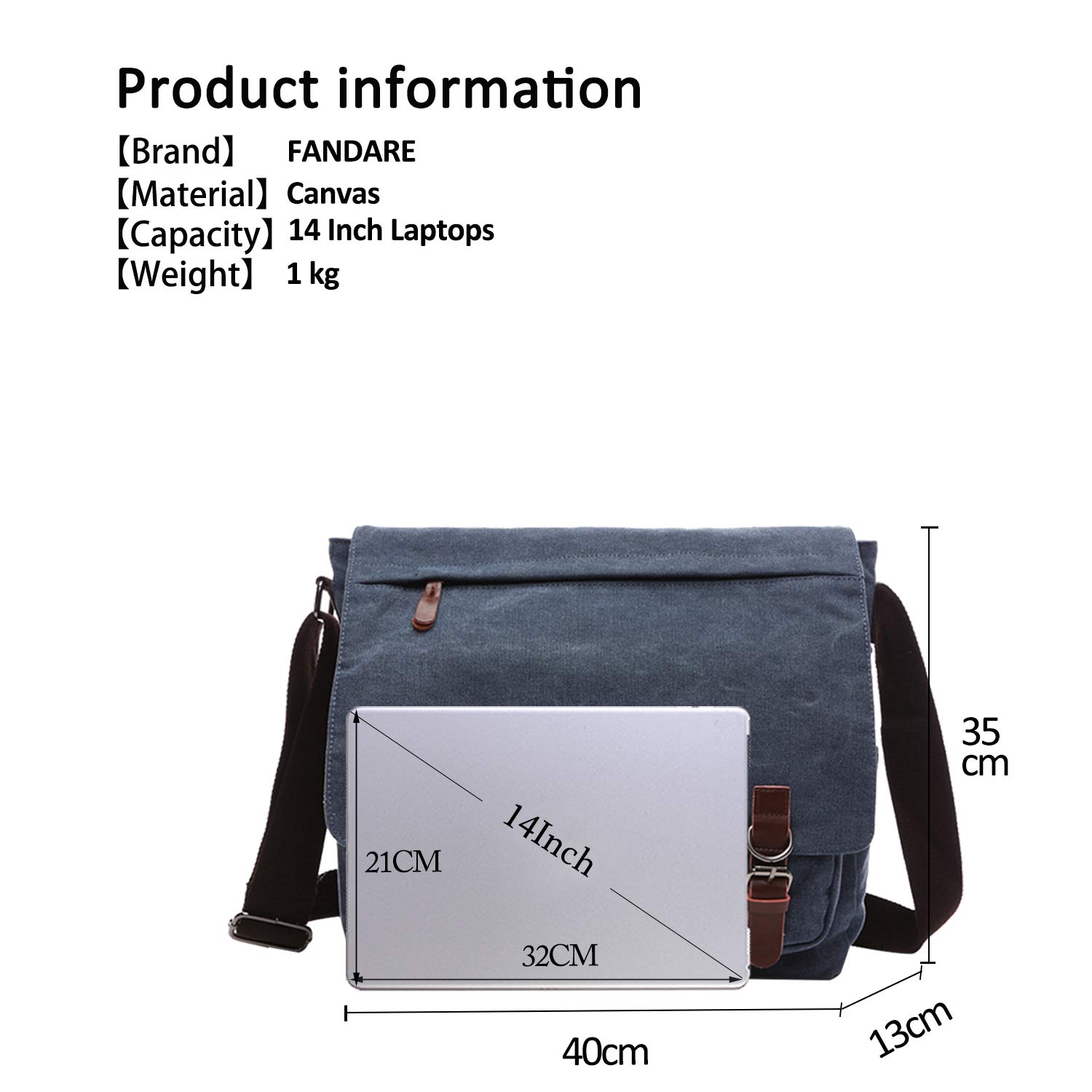 FANDARE Retro Umhängetasche Segeltuch Schultertasche Herren Damen Lehrertasche Briefträgertasche für 14 Zoll Notebook Laptoptasche Große Aktentasche Freizeit Reise Business Messenger Bag Blau L