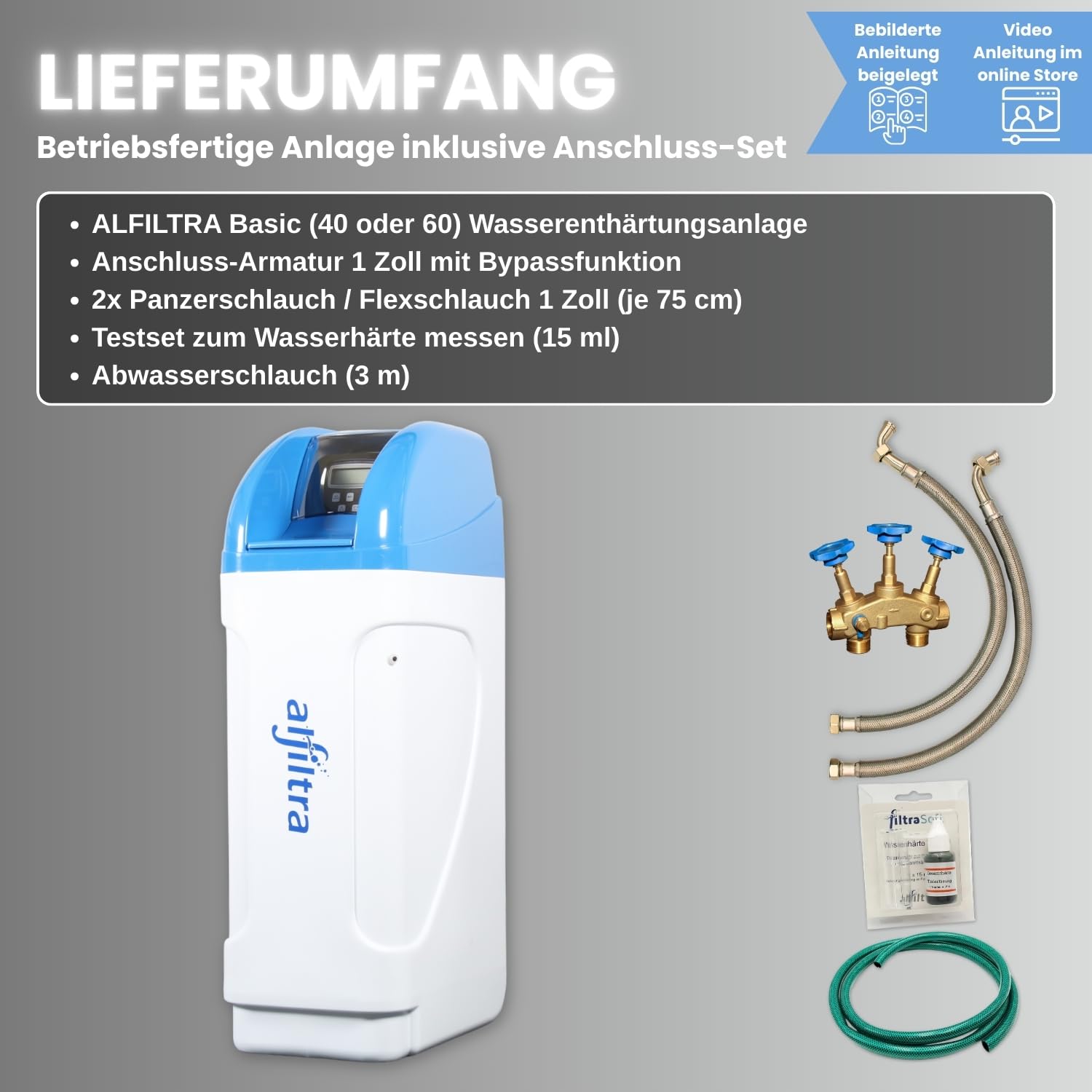 Entkalkungsanlage mit Anschlussset 1" und Testset | Wasserenthärtungsanlage für Haushalte bis zu 8 Personen | Antikalkanlage Entkalker für weiches Wasser