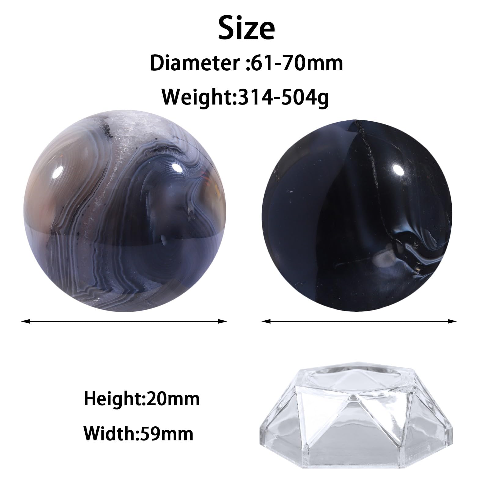 Amogeeli Stripes Black Agate Stone Sphere for Divination with Acrylic Base Crystal Ball Sculpture for Healing 2.4-2.75