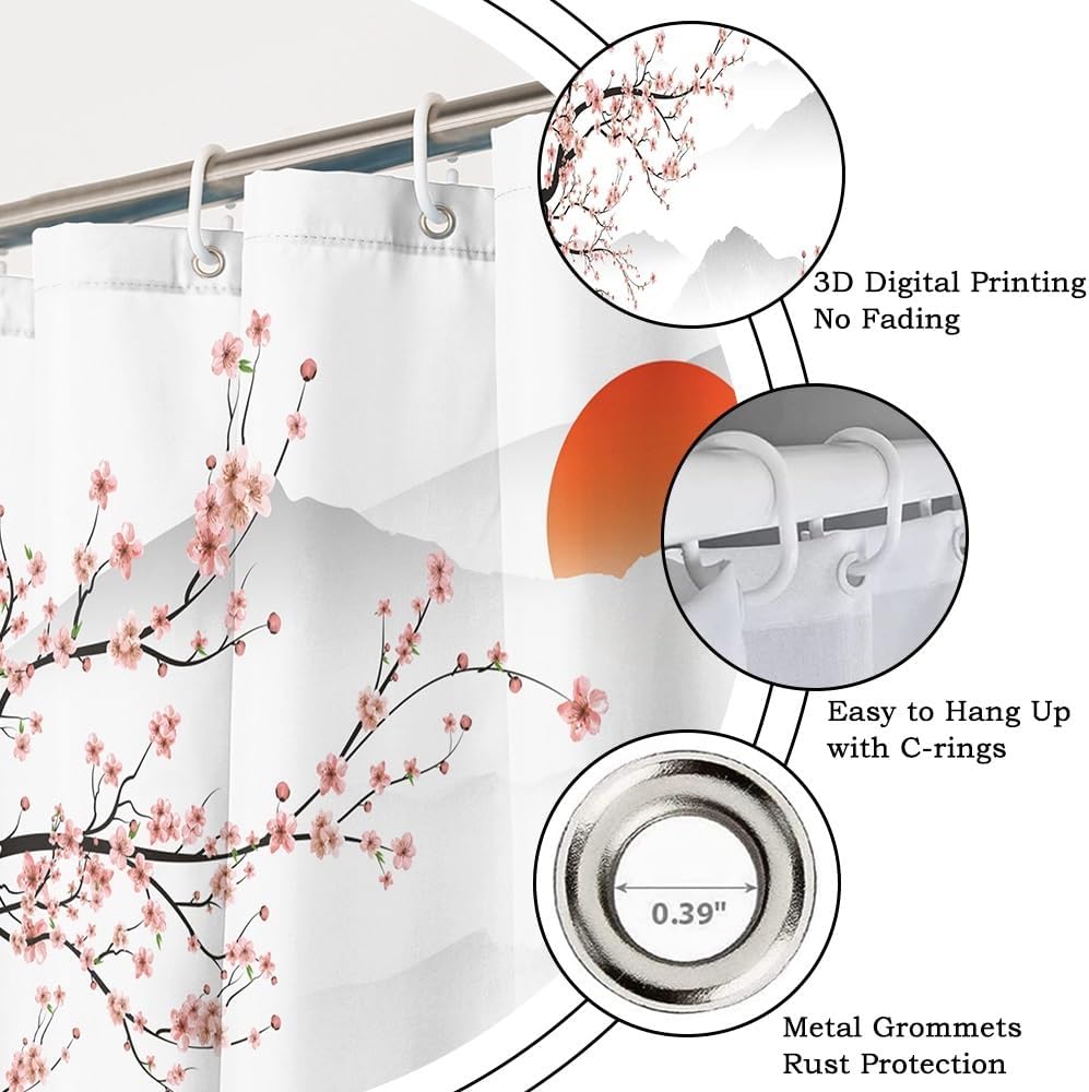 Cherry Blossom Shower Curtain Set Asian Japanese Anime Shower Curtain Red Sunrise Foggy Mountain Abstract Chinese Ink Painting Bathroom Decor Washable Waterproof Polyester Fabric with Hooks 72x72 Inch image 5