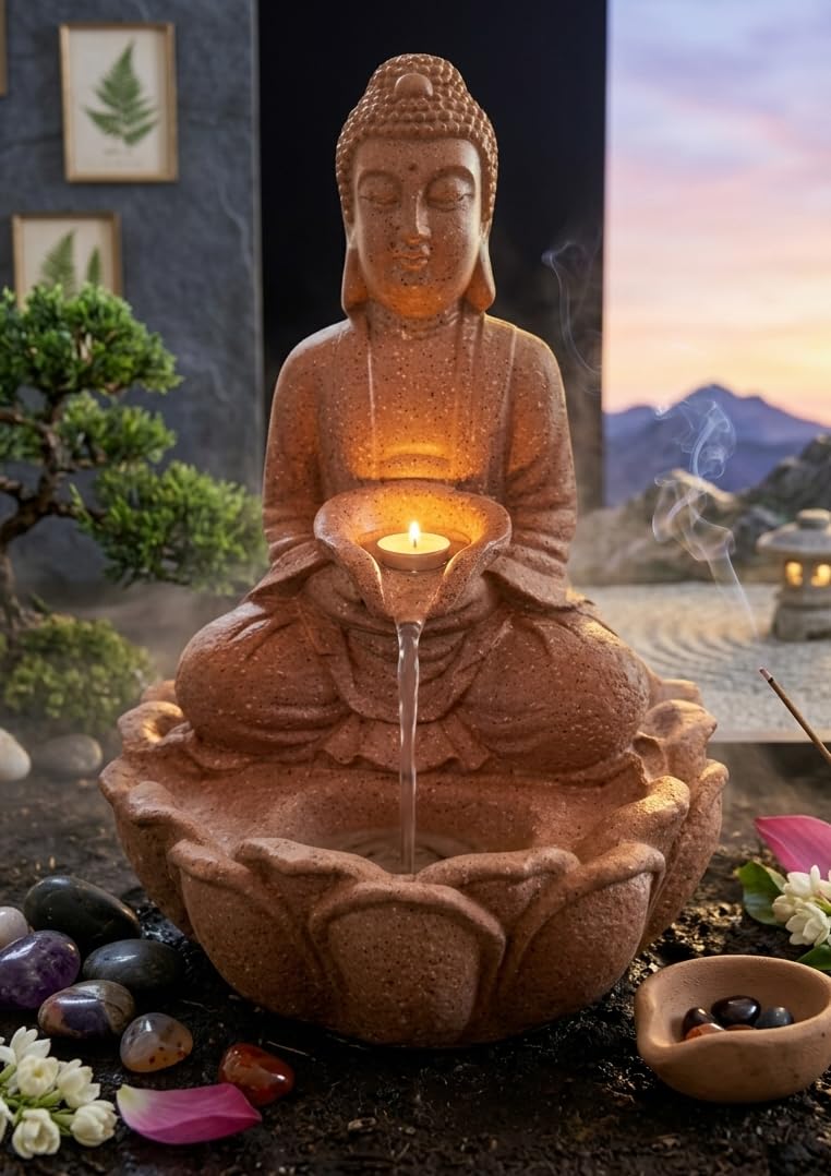 Marble Finish Buddha Lotus Waterfall Fountain with LED Marble Dust Tabletop Fountain - 15 Inch-image-7
