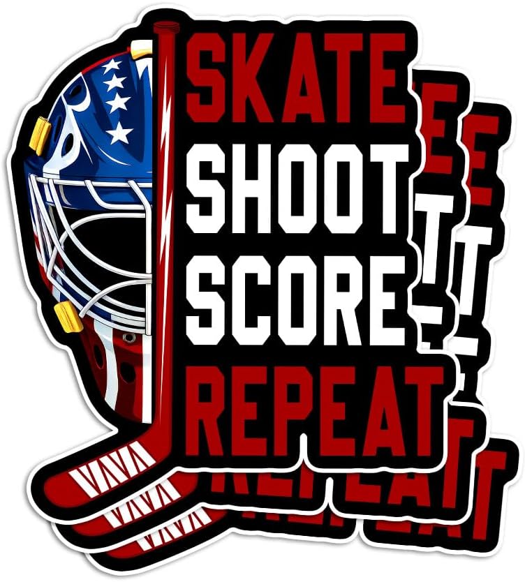 (Pack of 3) 3 Inches Ice Hockey Stuff Boy Sticker, Skate Shoot Score Repeat Hockey Gifts Waterproof Vinyl Decal Kindle Water Bottle Bumper Car Hard Hat Phone Laptop