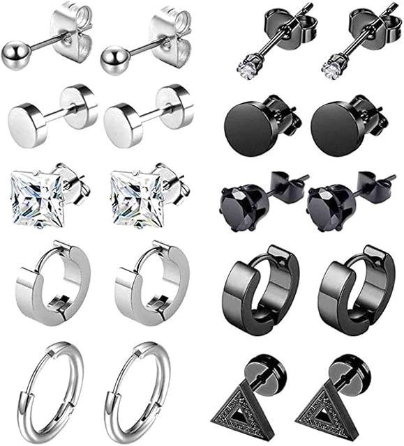 10 Pairs Stainless Steel Stud Earrings, Silver Cubic Zirconia Stud Earrings Hypoallergenic Unisex Jewellery Set for Women Men Girls
