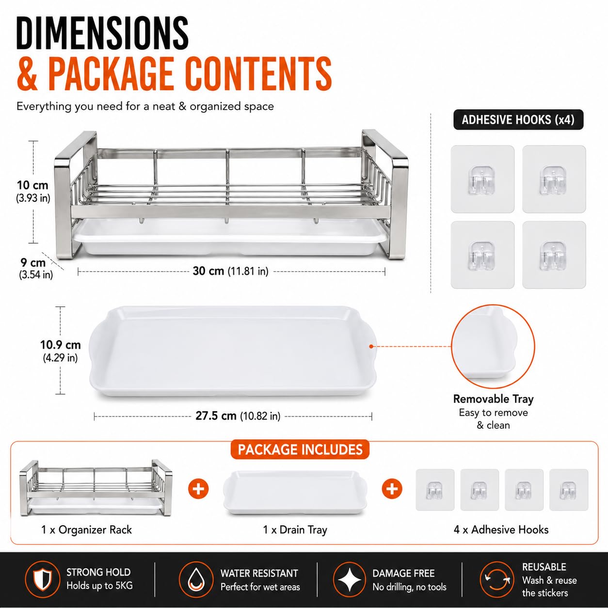 YUMUN Extra Large | Sink Organizer |(30x9.5x9.5 cm) | Kitchen Sink Organiser | Soap Stand for Kitchen | Stainless Steel Sink Caddy | Dish Wash Holder | Basin Organizer | Kitchen Accessories 2