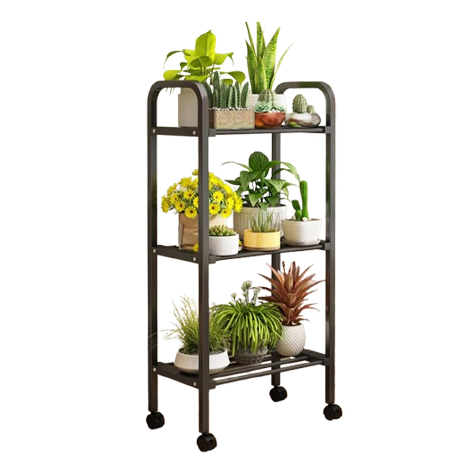 Étagère de jardin en métal haut de gamme support à roulettes 3 étages pour plantes et sacs