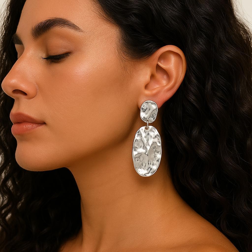 Chunky Irregular Geometry Clip On Earrings for Women, Matte Gold/Silver Retro Oval Dangle Drop Clip Earrings Non Pierced Clips Stetement Jewelry Gifts - Image 2