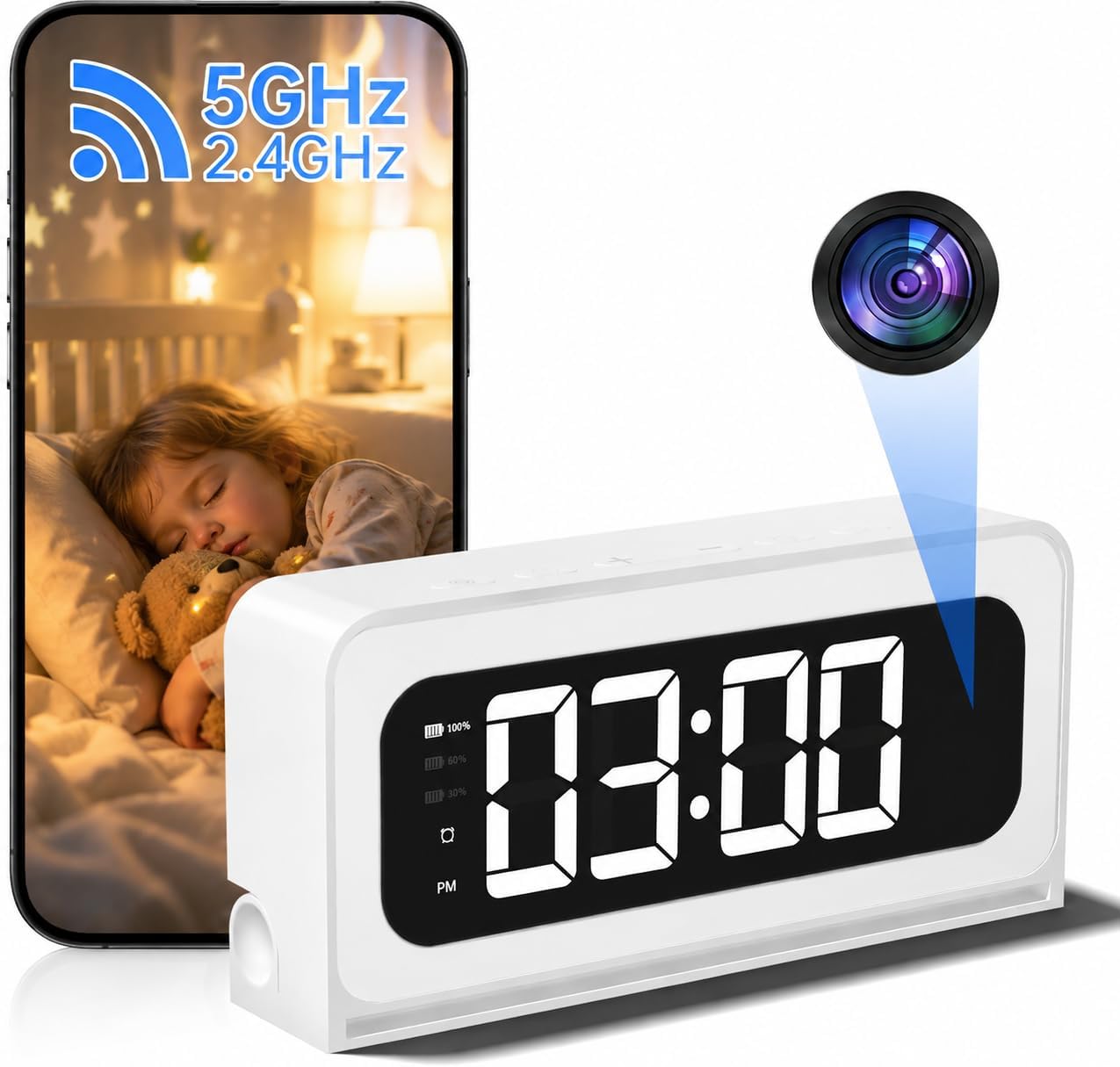 Alarm Clock Camera,5G&2.4G WiFi 2K Nanny Cam Wireless Indoor Camera,Cameras for Home Security,AI Human Detection,Color Night Vision for Home/Pet