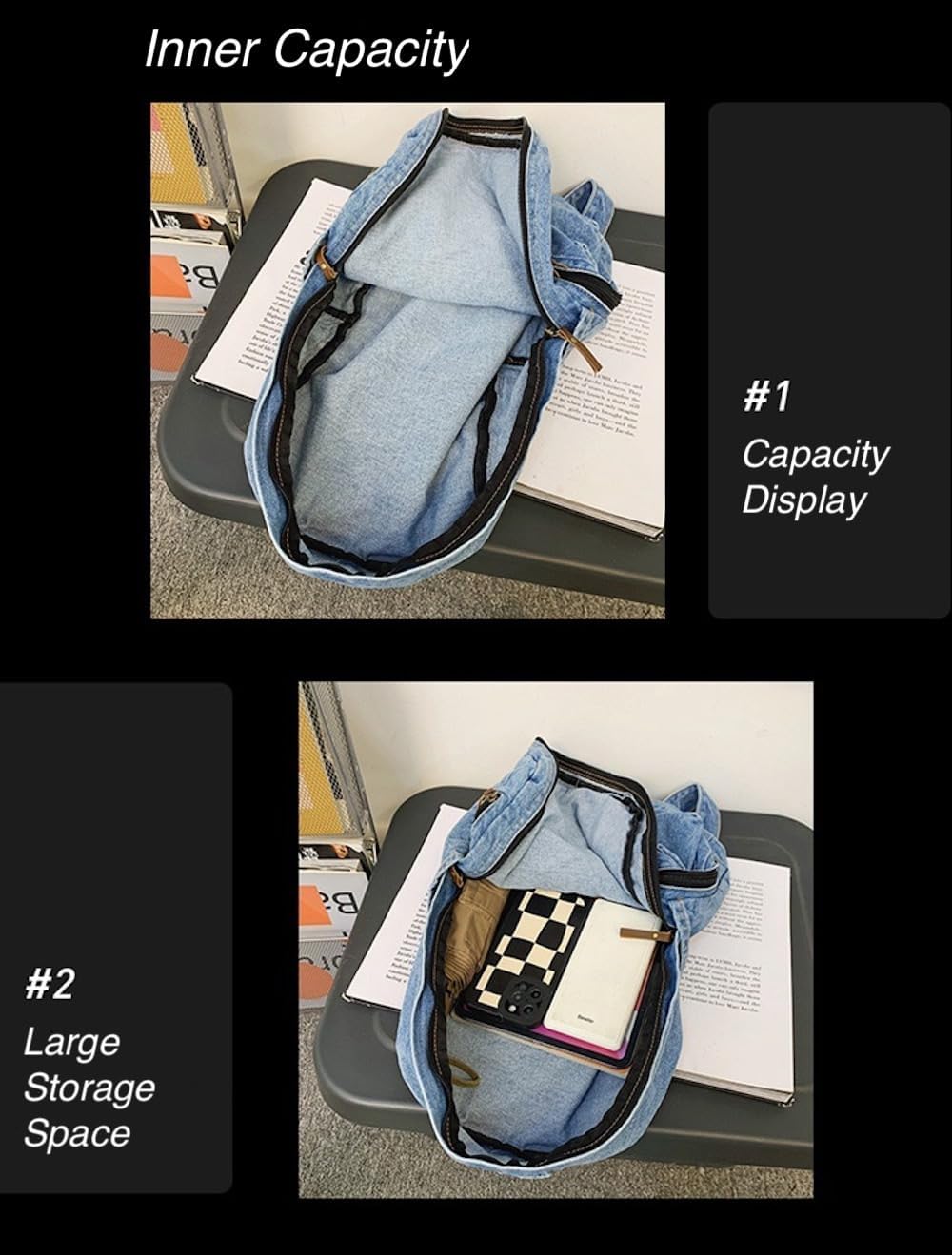 JHTPSLR Denim Preppy Backpack Casual Vintage Aesthetic Daypack Book Bags Supplies (Light Blue)