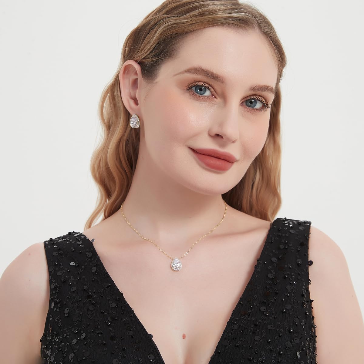 UDYLGOON Cubic Zirconia Wedding Jewelry Sets for Bride Bridesmaid, Teardrop Earrings Pendant Necklace Adjusable Bracelet Party Wedding Homecoming Jewelry