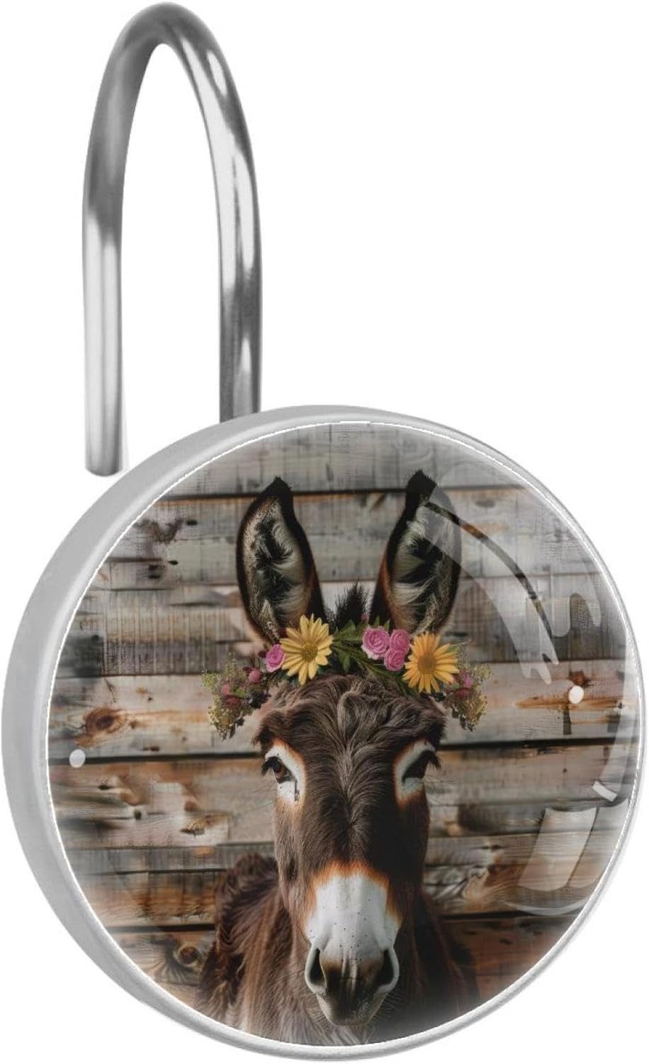 Shower Curtain Hooks, Donkey Flowers Woodden Shower Curtain Rings Stainless Steel Rust-Proof Shower Hooks Rings for Bathroom Shower Rods Curtains, Set of 12 Hooks