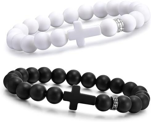 2 Pcs Silicone Cross Bracelet for Men Comfort Black White Rubber Cross Beaded Silicone Mens bracelet Set Stretch Jesus Wristband, Faith Religious Christian Catholic Jewelry Gifts for Boys Son Teens