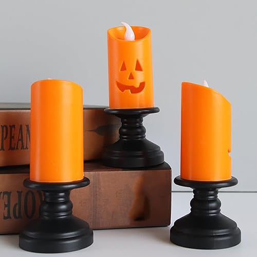 Miniatura 6 de SAINGACE Paquete de 6 velas sin llama de calabaza naranja de Halloween, velas LED que funcionan con pilas, velas parpadeantes para decoración de