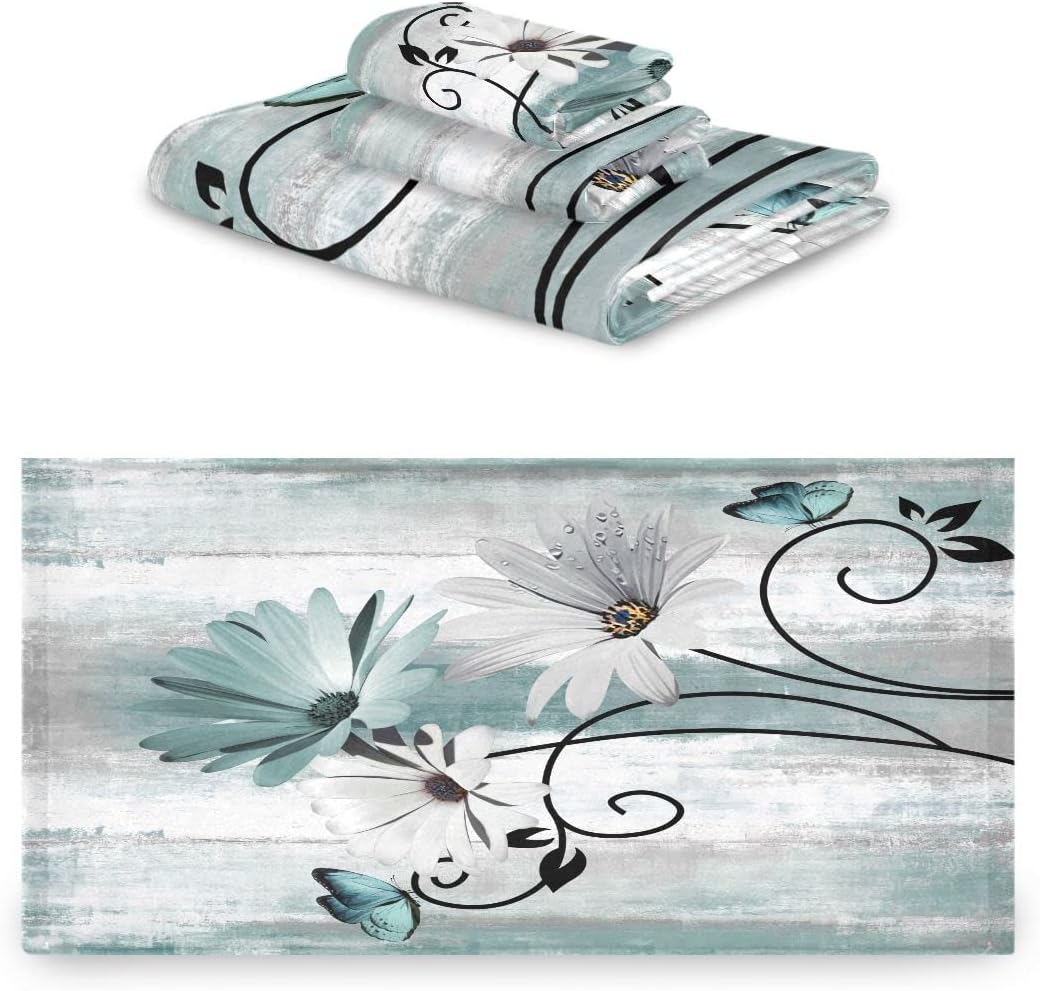 Bath Towels Set Farm Teal Daisy Floral Flowers Butterfly on Country Wooden 3 Piece Towel Set(1 Luxury Bath Towel 1 Hand Towel 1 Washcloth) Soft Absorbent Decorative Bathroom Kitchen Towels - Image 2