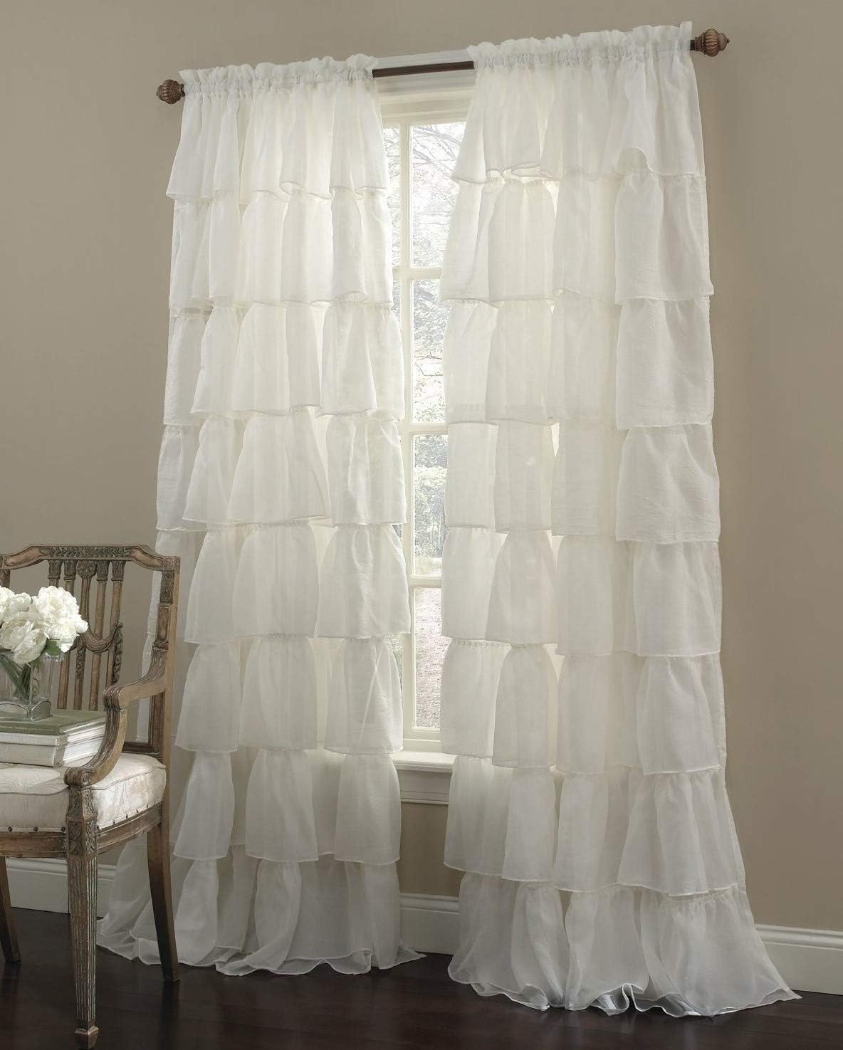 Decotex 2 Piece Gypsy Ruffled Shabby Chic Crushed Voile Sheer Window Curtain Treatment Panel Drapes (White, 55" X 84")