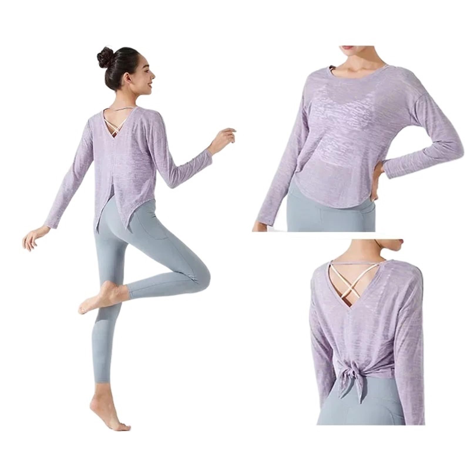 Top Yoga Donna Abbigliamento Sportivo Donna Palestra Yoga Trasparente Top Donna Camicetta Fitness a Maniche Lunghe for Pilates Camicie Sportive Larghe da Donna(Purple,L)