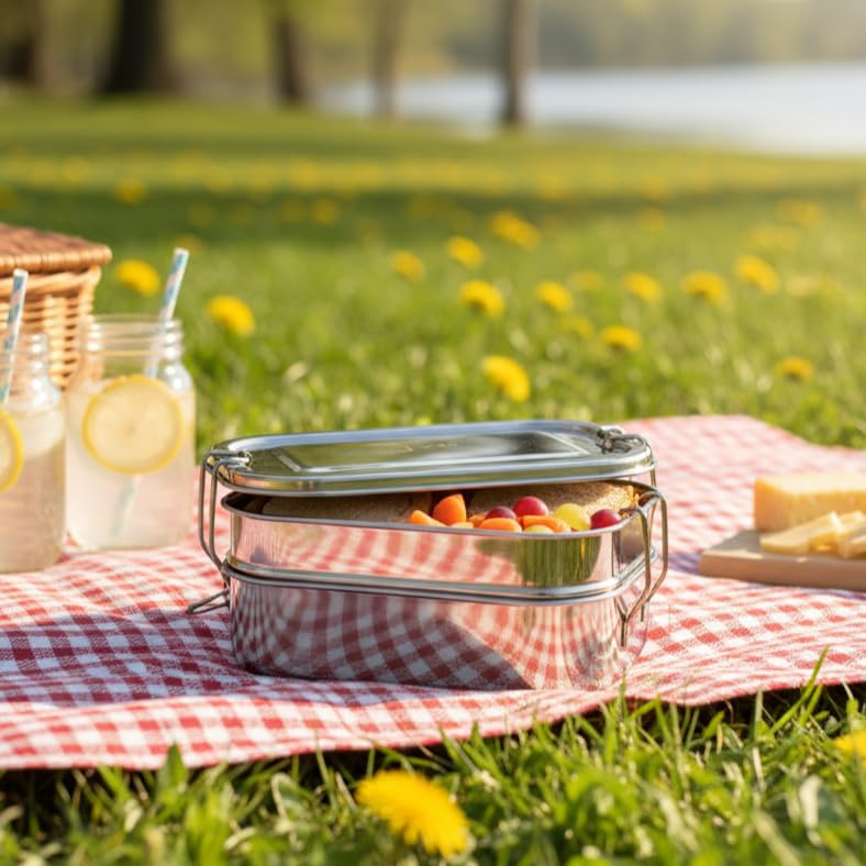 Image of JVL Stainless Steel 2 Tier Lunch Box (Rectangle, Small)
