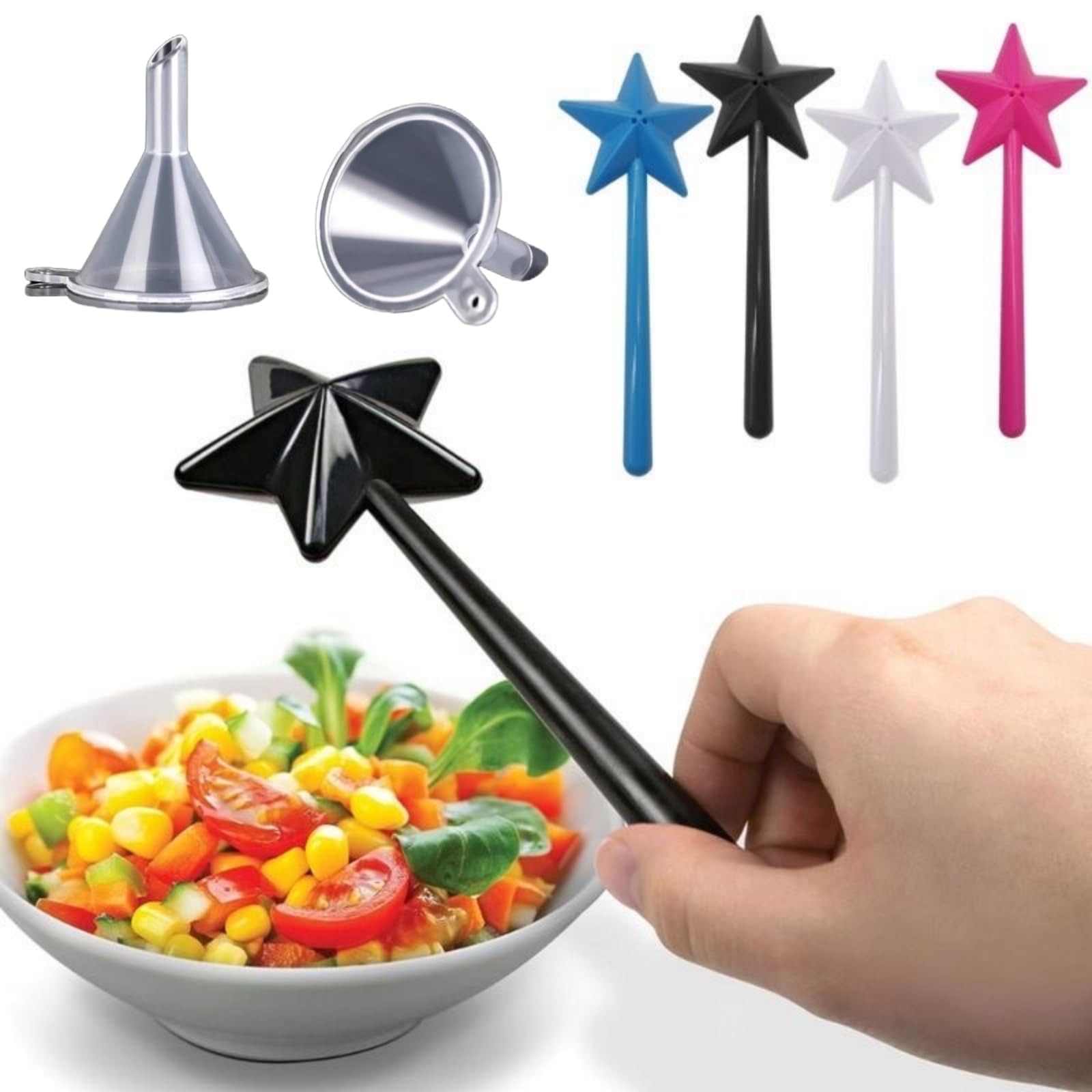JDLYEVER Magical Salt Dispenser 2 Pieces Star Stick Salt Spreader Star Pepper Seasoning Magic Wand Creative Kitchen, Effortless Filling With Included Funnel, Elegant Display Piece (black white)