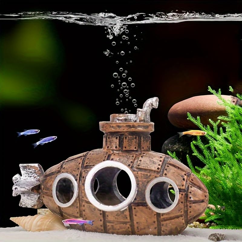 Image of 2pcs Floating Fish Tank Decoration, Little Cute Retro Submarine Aquarium Decoration with Float Balls, Safe Fish Toy for Goldfish Shrimps Hermit Crabs