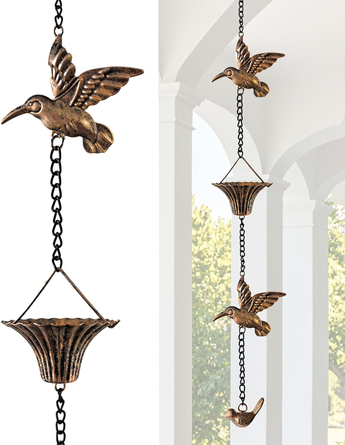 8.5FT Hummingbird Cup Rain Chain, Decorative Metal Rain Catcher for Gutters, Outdoor Downspout Replacement, Handcrafted Iron Rain Chain for Garden Patio Yard (G2026-Blue)
