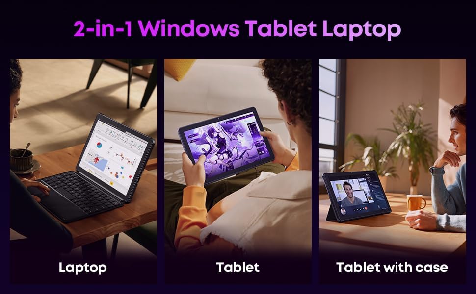 CHUWI Hi10 X2 Tablet in various usage scenarios: laptop mode, tablet mode, and tablet with case