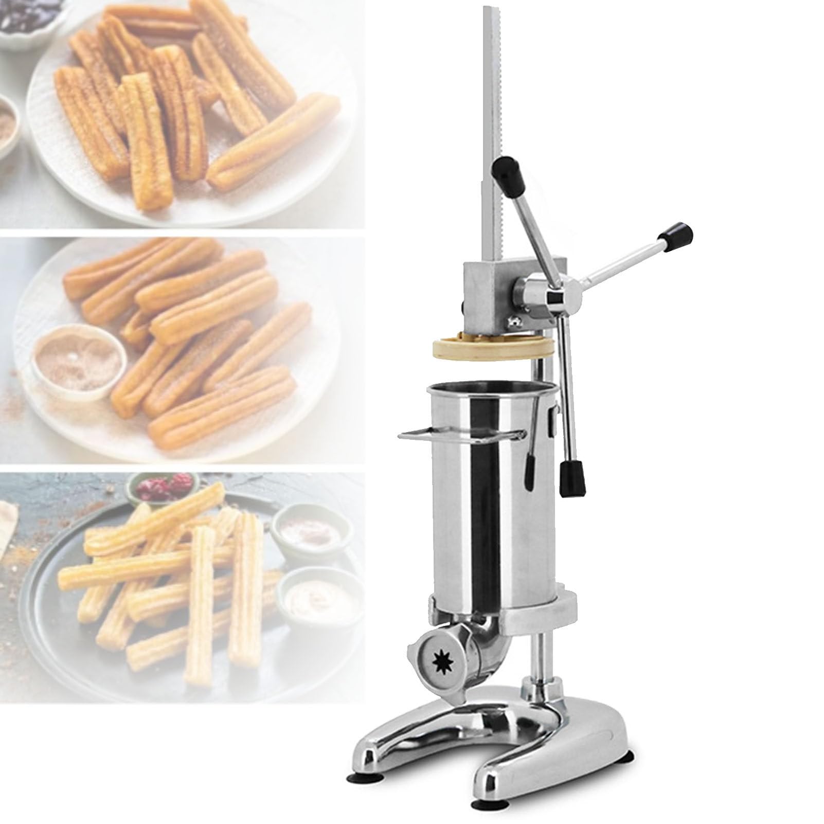 Máquina para hacer churros manual comercial, máquina para hacer churreras de rosquillas españolas de 2L y 3L con 5 tipos de moldes, máquina para hacer churreras españolas verticales de acero,3L