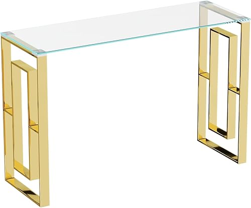 Miniatura 7 de Mesa consola larga de cristal moderna de 47.2 pulgadas con patas de acero inoxidable, estrecha detrás del sofá, mesa de entrada para entrada,
