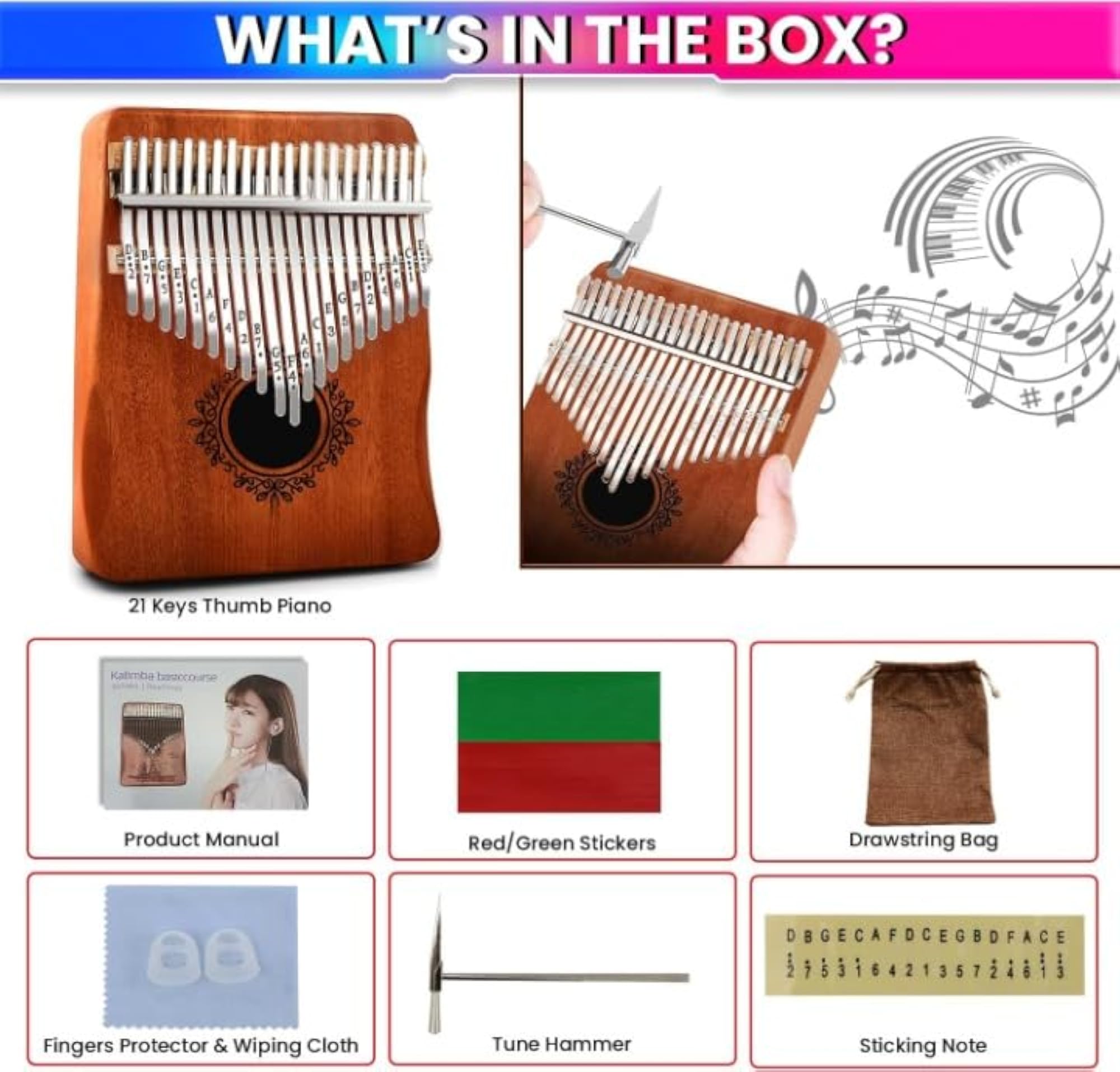 21 Keys Thumb Piano, Natural Mahogany Sanza