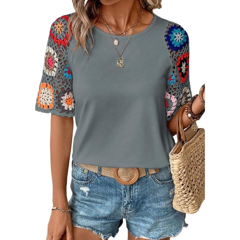 Melliflo Womens Shirts Floral Crochet Short Sleeve Crewneck Shirt Casual Pullover Blouse Summer Tops
