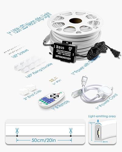 Miniatura 6 de Tira de luces LED de neón de 147.6 ft para exteriores, impermeable, 150 pies, AC110V  130 V, luz de neón azul, flexible, con controlador regulable,
