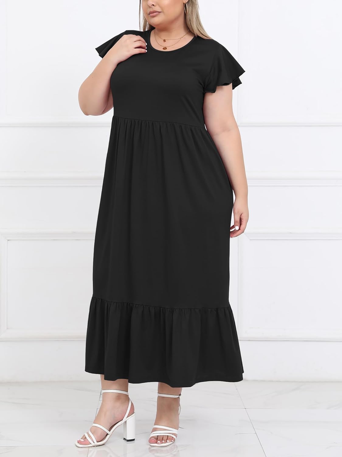 Moon Wood Women's Plus Size Maxi Dress Crew Neck Ruffle Short Sleeve Summer Casual Dresses with Pockets Long Dress - Image 3
