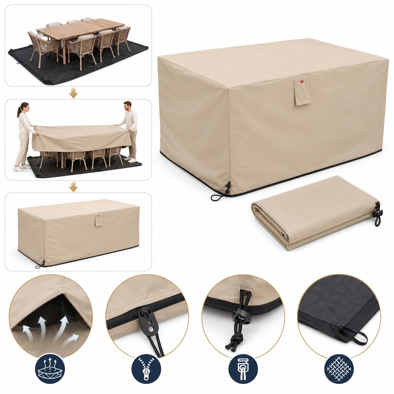HOME It Garden Gartenmöbel-Abdeckung 235x180x95 cm – 600D Oxford PVC-beschichtet, wasserdicht, UV-Schutz, 2 Belüftungen, Reißverschluss & Kordelzug, sand